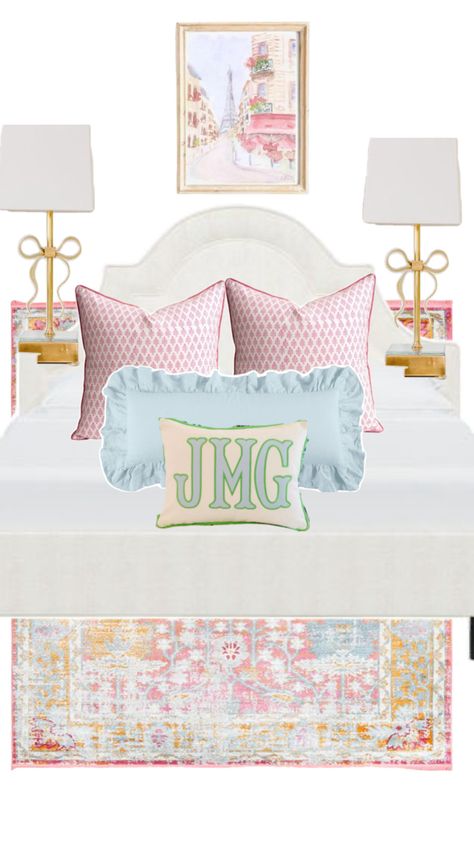 Pastel Preppy Bedroom, Pink And Blue Pillows Bedroom, Bedroom Inspo Aesthetic Minimal, Antique Coastal Bedroom, Preppy Room Collage, Grandmillenial Girls Bedroom, Basic Preppy Room, Charleston Room Aesthetic, Grand Millennial Girls Bedroom