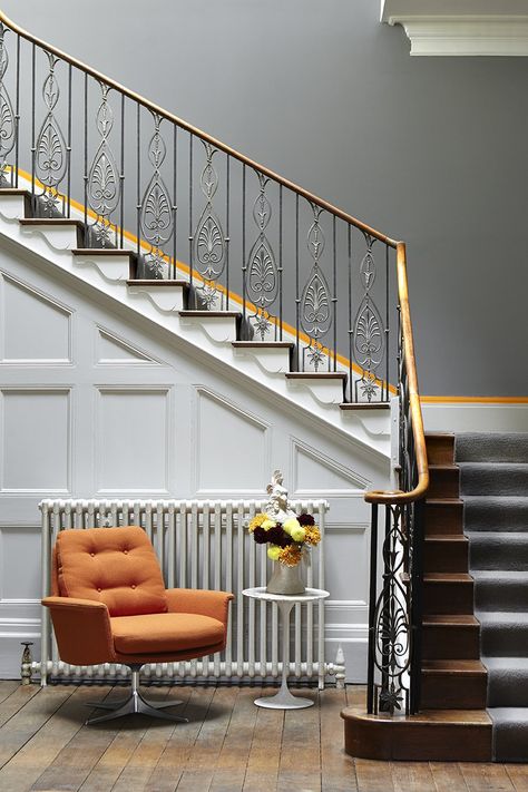 Little Greene on Twitter: "Create a highlight stripe for a contemporary look with Grey Teal and Marigold.… " Eclectic Hallway, White Loft, Interior Color Schemes, Stair Case, Grey Paint, Little Greene Paint, Grey Paint Colors, Little Greene, Painting Bathroom