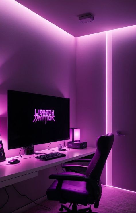 Create a purple aesthetic gaming bedroom by incorporating a sleek gaming desk with LED lights and a matching gaming chair. Add a splash of color with a neon purple wall decal and hang string lights behind your monitor for an immersive gaming experience. Aesthetic Gaming Bedroom, Desk With Led Lights, Aesthetic Gaming, Gaming Bedroom, Purple Wall, Purple Walls, Neon Purple, Gaming Desk, Gaming Room