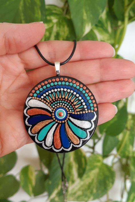 Hand Painted Wooden Pendant / Wooden Jewelry /mandala Pendant - Etsy Canada Dot Mandala Necklace, Mandala Pendant, Hand Painted Necklace, Mandala Jewelry, Surf Yoga, Mandala Necklace, Mandala Rock Art, Hand Painted Stones, Hand Painted Jewelry