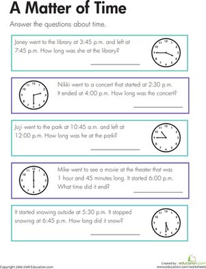 Kids completing this third grade math worksheet tell time to the nearest quarter hour and determine the duration of intervals of time. Elapsed Time Word Problems, Time Word Problems, Third Grade Math Worksheets, Telling Time Worksheets, 3rd Grade Math Worksheets, Mathematics Worksheets, Elementary Learning, Math Measurement, 2nd Grade Math Worksheets