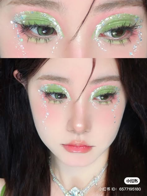 Nct Dream Makeup, Green Douyin Makeup, Nct Makeup, Flower Fairy Makeup, Green And Purple Makeup, Green And Pink Makeup, Green Prom Makeup, Pink And Green Makeup, Fairy Core Makeup