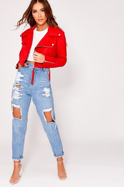 Red Crop Jacket, Red Coat Outfit, Red Jacket Outfit, Cropped Jacket Outfit, Red Cropped Jacket, Biker Jacket Outfit, Moto Jacket Outfit, Red Jacket Leather, Red Denim Jacket