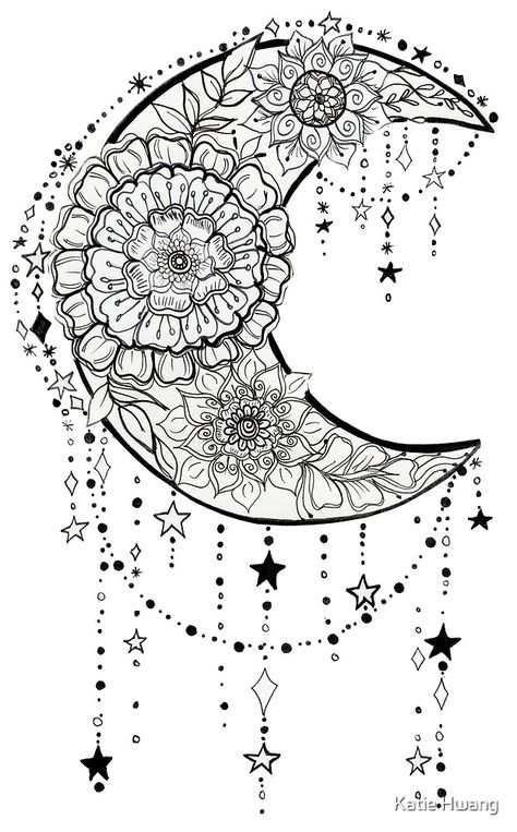 "Floral Moon and Dangling Stars: moon-struck" by Katie Hwang | Redbubble Sun And Moon Mandala Drawing, Sun And Moon Coloring Pages, Pretty Coloring Pages, Moon Zentangle, Sun And Moon Mandala, Sun Coloring Pages, Moon Stars Art, Moon Drawings, Moon Coloring Pages