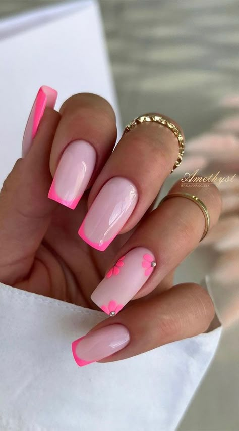 pink nails, light pink nails, pink nude nails, pink nails designs, pink nail ideas, hot pink nails, pink nail colors, pick n mix pink nails Bright Pink French Tips, French Tips With Flowers, Nails Light Pink, Pink French Tips, Do It Yourself Nails, Pink Nail Ideas, Purple Nail Art Designs, Bright Summer Nails Designs, Bright Pink Nails