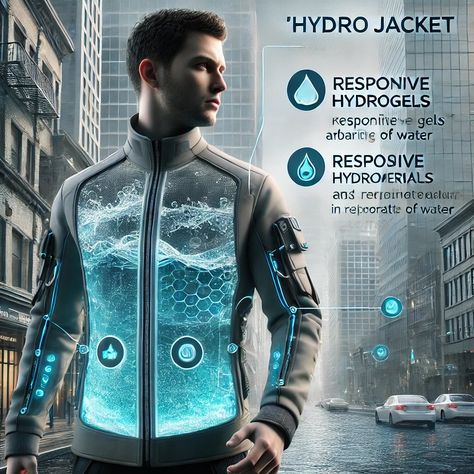 🌟 Introducing the Hydro Jacket: Innovation Meets Adaptation 🌟 Dive into the future of fashion with the Hydro Jacket, a revolutionary garment designed with responsive hydrogel technology. These smart hydrogels enable the jacket to dynamically expand and contract, adapting seamlessly to changes in temperature and humidity. Made from hydrophilic polymer chains, hydrogels can absorb large amounts of water while maintaining a stable and flexible structure. Perfect for urban explorers and outdoor... Smart Clothing, Future Technology Concept, Dnd Stories, Future Of Fashion, New Technology Gadgets, Cyberpunk Aesthetic, Cool New Gadgets, Future Tech, Futuristic City