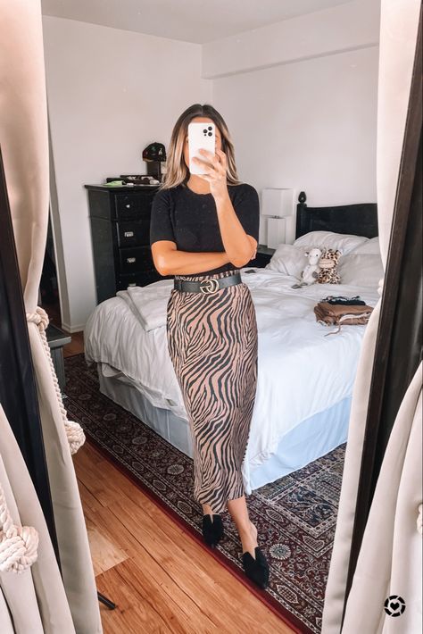 Slip Skirt, Work Outfits, Black Flats, Black Blouse, Work Outfit, Animal Print, Skirt, Black