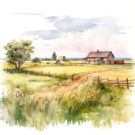 Farm Scene Painting, Field With Flowers, Farmer Painting, Watercolor Barns, Farm Pictures, Farm Paintings, Watercolor Architecture, Barn Painting, Farm Art