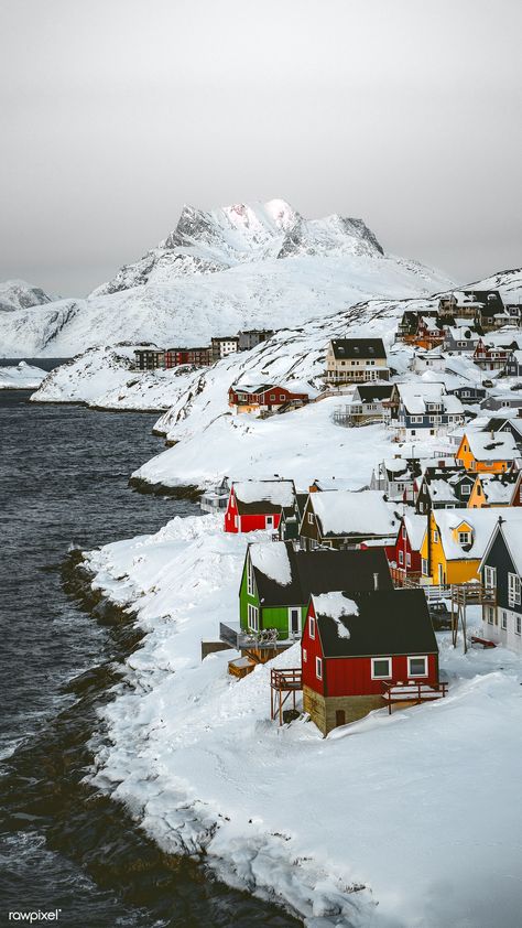 Village on the snowy coast in Nuuk, Greenland | premium image by rawpixel.com / Luke Stackpoole Iceland Aesthetic Wallpaper, Lapland Wallpaper, Greenland Landscape, Greenland Photography, Travel Aesthetic Greenland, Nuuk Greenland, Greenland Travel, Nordland, Homescreen Wallpaper