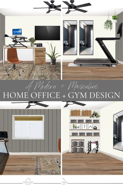 Office And Fitness Room Combo, Basement Office Gym Combo, Office With Treadmill Layout, Small Home Office And Gym, Home Office Gym Combo Ideas, Playroom And Gym Combo, Office And Home Gym Combo, Neutral Home Gym, Home Office With Treadmill Layout