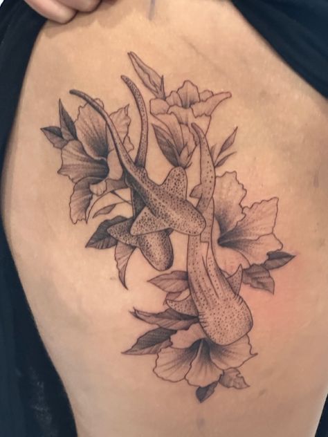 Amazing work from Two Guns Tattoo Bali Sea Plant Tattoo, Flower Shark Tattoo, Sea Animal Hip Tattoo, Floral Ocean Sleeve Tattoo, Shark Tattoo Floral, Floral Sea Life Tattoo, Ocean Theme Tattoo, Floral Sea Animal Tattoo, Floral Shark Tattoo