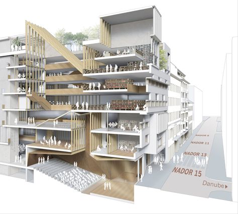 Central European University   Phase 1 — O’Donnell + Tuomey Fragmentation Architecture, Campus Masterplan, 3d Section, European University, Administration Office, Interior Architecture Sketch, Office Architecture, Architecture Graphics, Architectural Section