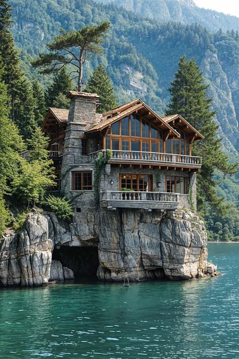 Lakeside Wonder Floating Lake House, Cabin By The Sea, Alaskan House, Houses On Stilts, Houses On A Hill, House On A Cliff, Vacation House, Lakeside House, Cliffside House