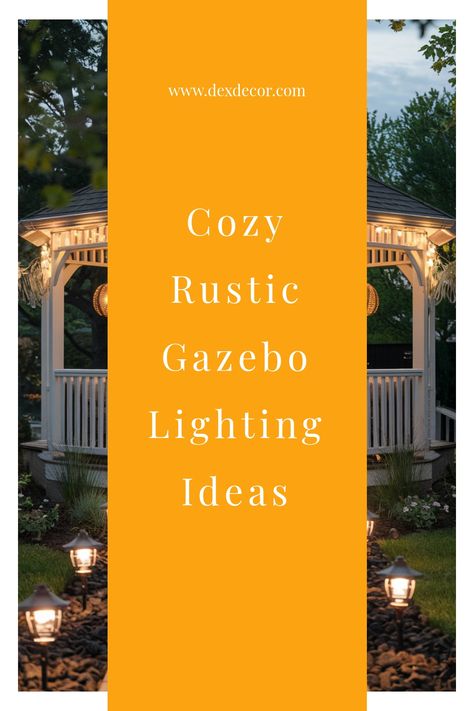 Cozy gazebo with hanging lights and surrounding lanterns in a garden setting. Gazebo Lighting Ideas, Rustic Gazebo, Diy Lighting Ideas, Kitchen Flooring Trends, Kitchen Tile Inspiration, Ensuite Bathroom Designs, Industrial Chic Kitchen, Rustic Industrial Kitchen, Gazebo Lighting