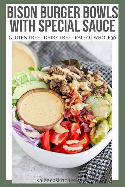 These bison burger bowls are made with ground bison, bacon, lots of veggies, and a tasty special sauce. They're the perfect way to get your burger fix! Easy Bison Recipes, Bison Dinner Recipes, Ground Bison Recipes Healthy, Ground Bison Recipes, Paleo Meatloaf, Burger Bowls, Bison Recipes, Ground Bison, Bison Meat