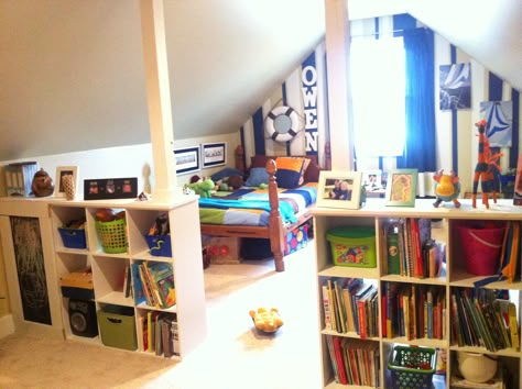 A great way to use a bonus room as playroom and kid's room. Attic Game Room, Room Above Garage, Bonus Room Ideas, Attic Renovation Ideas, Attic Playroom, Small Attic, Attic Flooring, Attic Bathroom, Attic Design