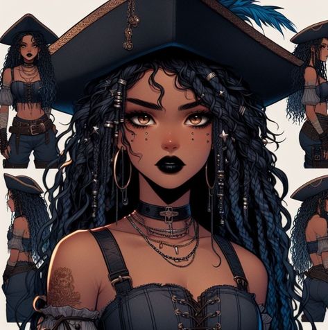 Dnd Pirate Female, Black Pirate Woman, Pirate Girl Aesthetic, Female Pirate Oc, Female Pirate Character Design, Pirate Character Design, Female Pirates, Pirate Cosplay, Skins Characters