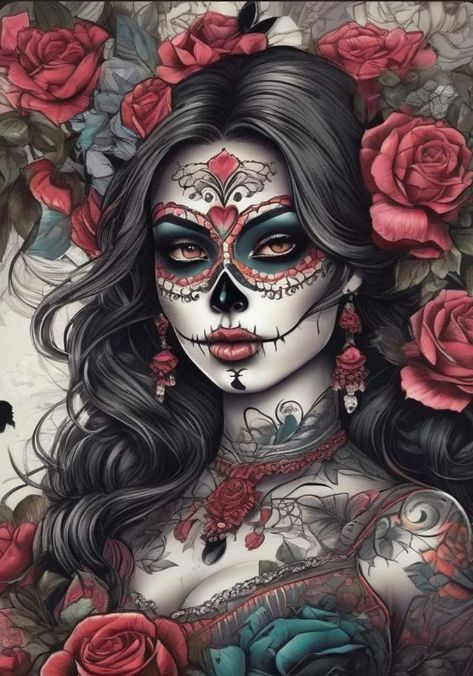 Mexican Sugar Skull Art Beautiful, Latina Tattoo Ideas, Sugar Skull Art Painting, Latina Wallpaper, Day Of The Dead Girl Tattoo, Orca Art, Day Of The Dead Girl, Scary People, Sugar Skull Artwork