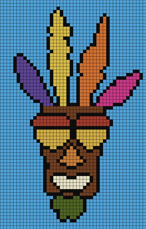 A large pixel art template of Aku-Aku from Crash Bandicoot the video game series. Hamma Beads Ideas, Cross Stitch Fonts, Pixel Art Games, Thread & Yarn, Pixel Art Pattern, Crash Bandicoot, Bead Loom Patterns, Tapestry Crochet, Loom Patterns