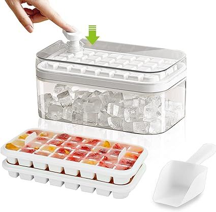 Ice Cube Tray with Lid and Storage, 64 Ice Cubes Mould with Bin & Scoop, Press Type Ice Cubes Maker Ice Cube Trays with Non-Spill Stackable Lids, for Freezer Cocktail Whiskey Coffee Tea (White) Tiny Ice Cube Tray, Creative Ice Cubes, Ice Ball, Ice Cube Maker, Ice Molds, Ice Cube Molds, Ice Cube Trays, Iced Drinks, Mothers Day Presents