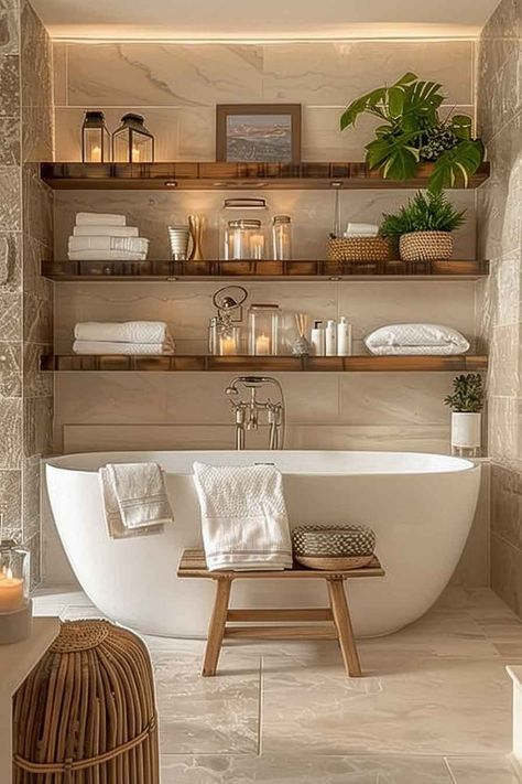 A spa-inspired bathroom with a freestanding tub, wooden floating shelves, ambient lighting, and plants, creating a warm and relaxing ambiance. Bathroom With Freestanding Tub, Elegant Bathroom Design, Spa Inspired Bathroom, Freestanding Tubs, Zen Bathroom, Cozy Bathroom, Natural Bathroom, Spa Bathroom, Modern Farmhouse Bathroom