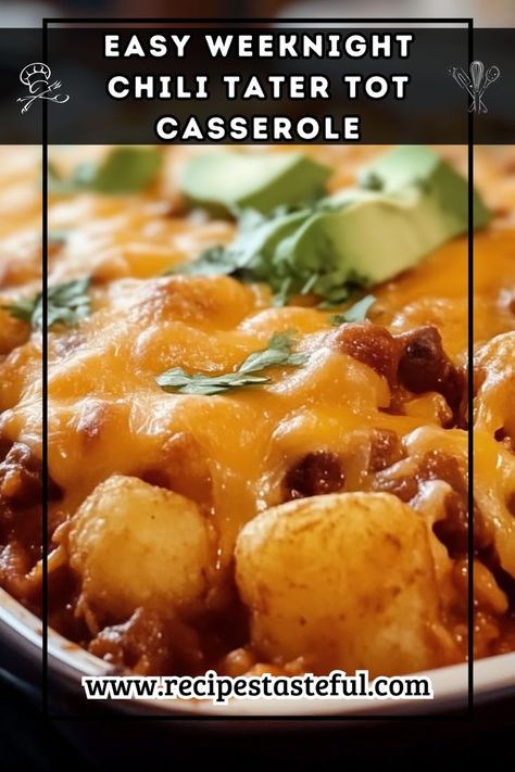 A comforting and easy casserole that combines ground beef, hearty chili, and crispy tater tots, all topped with melted cheese. Perfect for busy weeknights! Chili Cheese Tots Casserole, Hearty Chili, Hearty Casseroles, Tot Casserole, Easy Chili, Tater Tot Casserole, Tater Tots, Chili Cheese, Quick Weeknight Meals