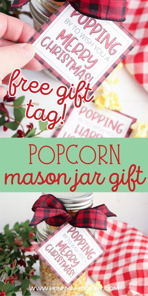 Popcorn gift in a jar with free printable gift tag with buffalo check background Christmas Popcorn Gift Tag, Popcorn Wrapping Ideas, Popcorn Christmas Tag, Popcorn Gift Ideas Christmas, Popcorn Neighbor Christmas Gifts, Popcorn Printables Free, Christmas Food Basket Gift Ideas, Jarred Gifts, Popcorn Gift Ideas