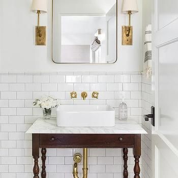 Subway Tile Chair Rail Design Ideas - Page 2 Powder Room Design, Custom Vanity, Brass Bathroom, Half Bathroom, Chair Rail, Bath Tub, Bathroom Hardware, Subway Tile, White Bathroom