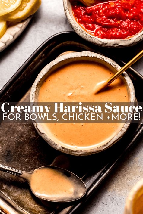 Creamy Harissa Sauce. Tahini, harissa paste, lemon & maple syrup combine to create a bold and tangy sauce. Harrisa Sauce Recipes, Chardonnay Food Pairing, Leap Recipes, Harissa Dressing, Bernaise Sauce, Harissa Sauce, Fish Taco Sauce, Vegan Journey, Harissa Recipes