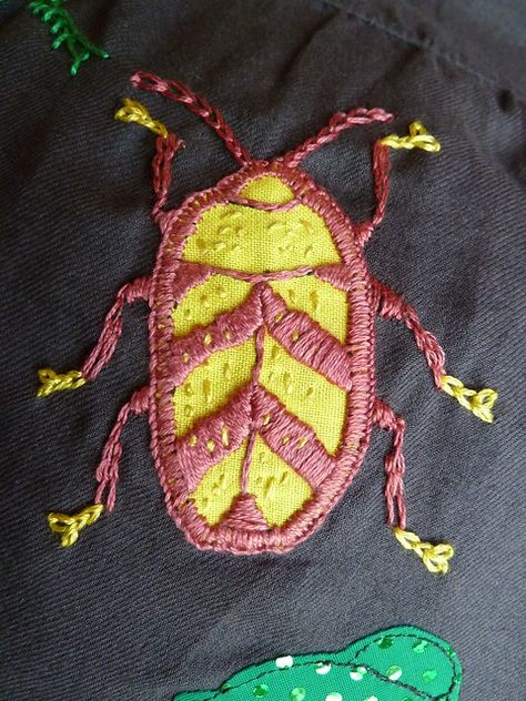 mystery buprestid | quite proud of this one, it almost resem�… | Flickr Beetle Applique, Embroidery Beetle, Buttonhole Stitch, Split Stitch, Bug Art, Straight Stitch, Satin Stitch, Beetles, Chain Stitch