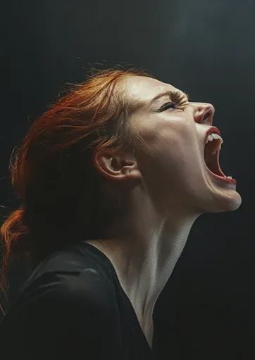 ↑↑↑ Larger size on website 🔸 A woman with long, red hair is screaming with her mouth wide open and her eyes squeezed shut. Her he Dramatic Portrait Painting, People Emotions Faces, Face With Expression, Woman With Mouth Open, Woman Screaming Side Profile, Angry Women Reference, Woman Screaming Painting, Screaming Woman Reference, Screaming Expression Reference