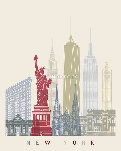 "New York skyline poster" by paulrommer | Redbubble New York Illustration, Skyline New York, New York Landmarks, Gift Illustration, New York Graffiti, The Statue Of Liberty, City Illustration, Illustration Wall Art, New York Art