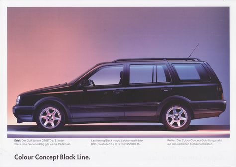 Volkswagen Golf Variant GT/GTD Colour Concept Black Line, leaflet, Germany, 7/1995 Golf Mk3, Car Sales, Nice Cars, Vw Polo, Car Advertising, Black Line, German Cars, Classic Cars Trucks, Vroom Vroom