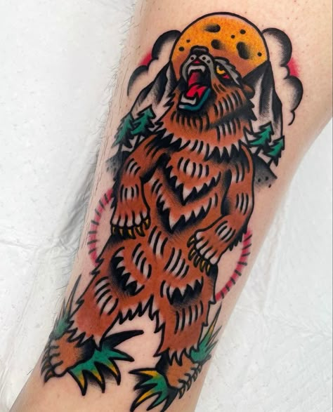 Bigfoot Tattoo Traditional, American Traditional Outdoors Tattoo, Traditional Sasquatch Tattoo, Traditional Cryptid Tattoo, Traditional Forest Tattoo, Mountain Man Tattoo, Traditional Tattoo Art Sleeve, Bear Traditional Tattoo, American Traditional Bear Tattoo