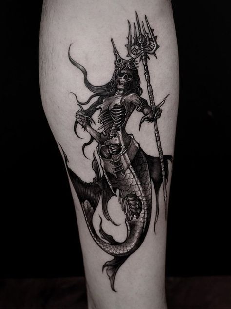 Undead Mermaid Tattoo, Black Sea Tattoo, Siren Skeleton Tattoo, Gothic Siren Tattoo, Zombie Mermaid Tattoo, Spooky Mermaid Tattoo, Creepy Ocean Tattoo, Scary Mermaid Tattoo, Goth Mermaid Tattoo