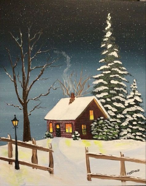 Christmas Cottage Drawing, Christmas Drawing Landscape, Winter Houses Drawings, Winter Cottage Painting, Winter Scenery Paintings, Christmas Landscape Drawing, Winter House Drawing, Winter Painting Ideas On Canvas, Christmas Scenery Paintings