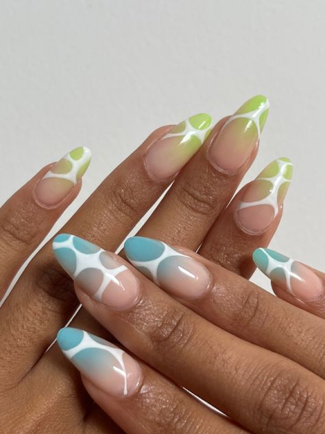 Webbed Nails, Blue Green White Nails, Green And Blue Nail Ideas, Blue And Green Nails Designs Art Ideas, Green And Blue Summer Nails, Light Blue And Green Nails, Blue Green Nails Designs, Green And Blue Nails Designs, Light Green Gel Nails