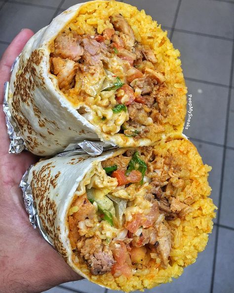 This Burrito So Big is Could Prolly Feed a Small Village or Just Me, A Real Hungry Dude!  Chicken & Steak Burrito w/ Spanish Yellow Rice, Pico De Gallo, Shredded Mozzarella Cheese, Homemade Chipotle & Tomatillo Sauce!#PeepMyEats #BellyBoner #TryNotToEatYourPhone Resep Starbuck, Food Goals, Food Obsession, Pretty Food, Food Cravings, Burritos, I Love Food, Soul Food, Food Truck