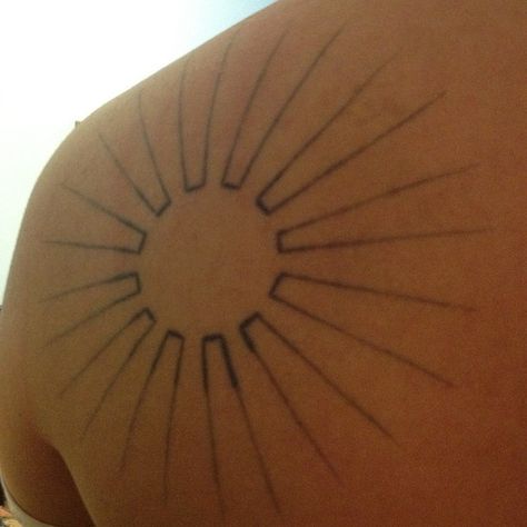 Second tattoo I got. It's a sun. Edgy Sun Tattoo, Negative Space Sun Tattoo, Setting Sun Tattoo, Sun Tattoo Hip, Sun Beam Tattoo, Sun Symbol Tattoo, Abstract Sun Tattoo, Sun Shoulder Tattoo, Unique Sun Tattoo