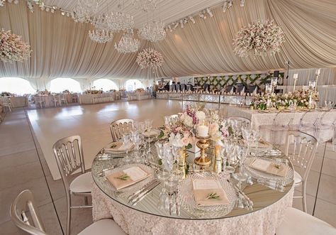 Round Reception Table, Island Wedding Decorations, Mirrored Table Decor, Bridal Shower Decorations Elegant, Ritz Carlton Wedding, Wedding Guest Table, Tented Reception, Opulent Wedding, Wedding Mirror