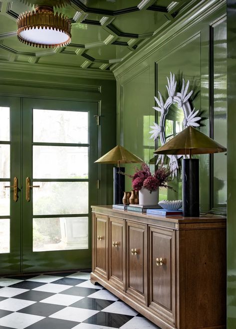 The 9 Best Green Paint Colors Designers Turn to Again and Again | Architectural Digest Lime Green Interior Design, Pretty Green Paint Colors, Green Color Drenched Room, Bright Green Room, Color Drenching Interiors, Lacquer Ceiling, Green Foyer, Foyer Paint Color Ideas, Best Green Paint Colors