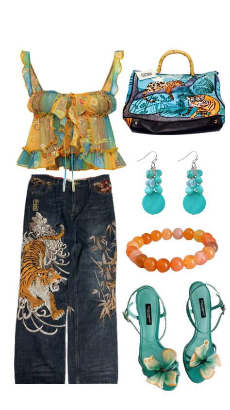 #tiger #orange #turquoise #teal #drawing #outfit #aesthetic #ootd #style #fashion #trendy #shoes. #heels #purse #bag #matching #feline #summer #water #dresstoimpress Teal Aesthetic Outfit, Turquoise Outfit Ideas, Teal Drawing, Trendy Shoes Heels, Turquoise Aesthetic, Turquoise Clothes, Teal Outfits, Tiger Orange, Aesthetic Ootd