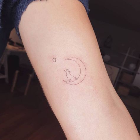 Minimalist dog and moon tattoo on the inner arm. Dog And Stars Tattoo, Dog Luna Tattoo, Dog On The Moon Tattoo, Luna Word Tattoo, Moon And Paw Tattoo, Moon With Dog Tattoo, Sun Dog Tattoo, Dog On Moon Tattoo, Moon And Dog Tattoo