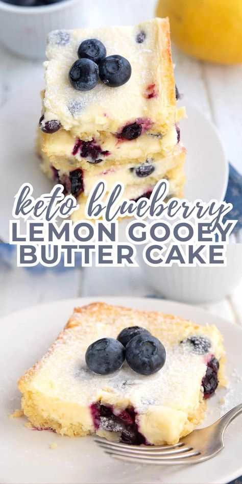 A whole new take on Gooey Butter Cake! This healthier keto blueberry lemon butter cake has a buttery crust and a rich cheesecake filling. It's the perfect way to celebrate blueberry season. Keto Butter Cake, Lemon Keto, Lemon Butter Cake, Rich Cheesecake, Keto Blueberry, Gooey Butter, Blueberry Season, Low Carb Cake, Gooey Butter Cake