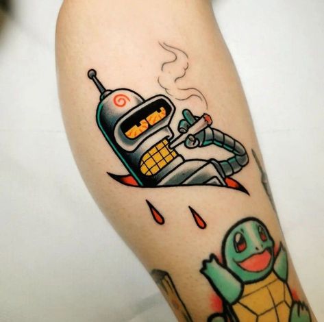 Old School Cartoon Tattoo, Bender Tattoo Futurama, Futurama Tattoo Ideas, 90s Cartoon Tattoo Designs, Bender Tattoo, Futurama Tattoo, Bender Futurama, Futurama Bender, Simpsons Tattoo