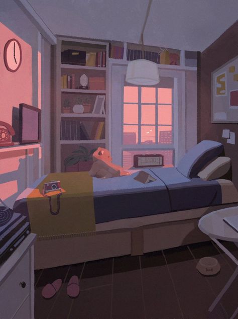 Bed Background Drawing, Bedroom Reference Drawing, Room Aesthetic Drawing, Room Background Drawing, Animated Bedroom, Animated Room, Sunset Room Aesthetic, Anime Room Background, Bedroom References