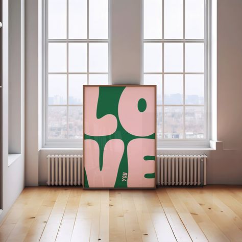 Love You Art Print | Bold Retro Poster Wall Decor | Green and Pink I love you wall art | 💗DIGITAL DOWNLOAD ONLY | Instantly download and print our digital wall art for a quick and affordable way to decorate your space. Our art prints also make excellent gifts, or you can use them as cute and unique wallpapers for your phone! Once purchased, your files will be instantly downloadable via your 'purchases' tab, or through a link sent directly to your email.  💗SIZING INFO:  Your download contains 5 Boho Aesthetic Living Room, Cool Apartment, Green Wall Decor, Aesthetic Living Room, Apartment Art, Boho Aesthetic, Living Room Wall Decor, Bedroom Prints, Unique Wallpaper