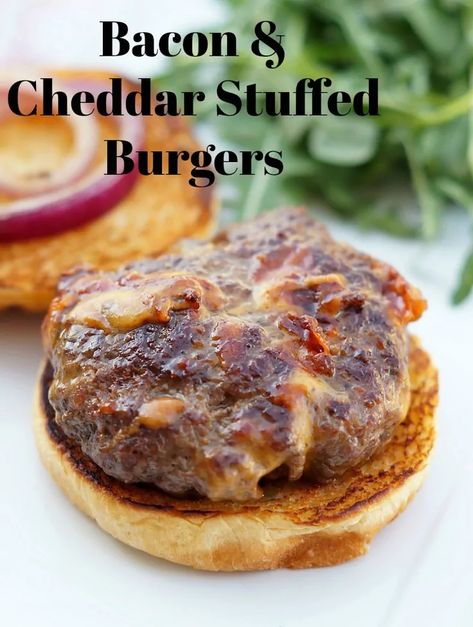 These bacon and cheddar stuffed hamburgers are what summer dinner dreams are made of. A juicy beef ground patty studded with cheddar cheese cubes and crispy bacon, then grilled to perfection. This is the only bacon cheeseburger recipe you need for your next BBQ! #kenarry #ideasforthehome Bacon Burgers Patties, Stuffed Hamburgers, Cheeseburger Recipes, Bacon Burger Recipes, Burger Patty Recipe, Dogs Recipes, Hamburger Recipes Patty, Beverages Recipes, Cheddar Burger