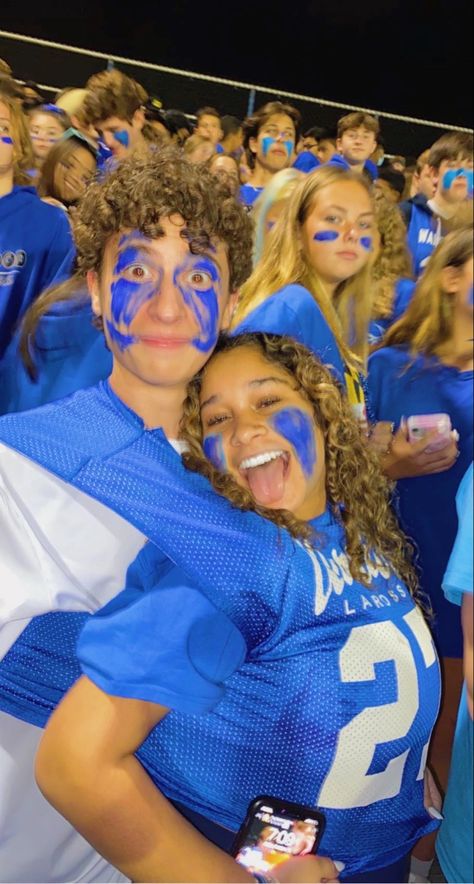 Blue And Gold Football Game Outfit, Blue Out Spirit Week, Blue Football Game Outfit, Couple At Football Game, Blue Out Football Game, Blue Out Football Game Outfit, Fnl Themes, Football Game Outfit Highschool, Sports Day Outfit