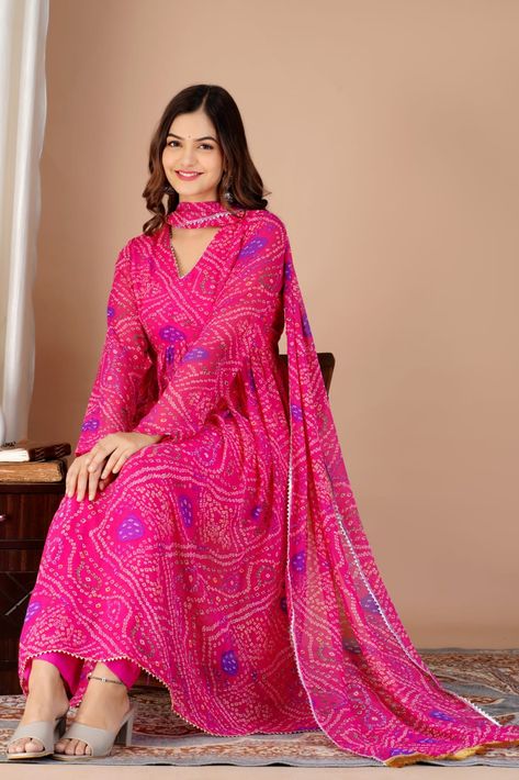 Presenting Jaipuri bandhni 3 pc set in Alia pettern 2023 most demanding Latest traditional bandhani print with very soft & comfortable material ,You can wear in any rituals, Wash : Easy hand wash *Kurti Detail* :- Length: 46 *Fabric* : Fox Gorgette *Work* : Digital print *Inner* : Crep *Dupata*:- *Fabric* :- fox Gorgette *Work* :- Digital print *Meter*. :- 2.50 meter *Pent* :- *Length 38* *Fabric* :- 14 kg heavy reyon *Work *. :- Gotta details as shown in picture Bandhani Kurta, Bandhani Print, Stylish Kurtis Design, Georgette Anarkali, Trendy Outfits Indian, Designer Kurti Patterns, Kurti Patterns, Anarkali Kurti, Frock For Women